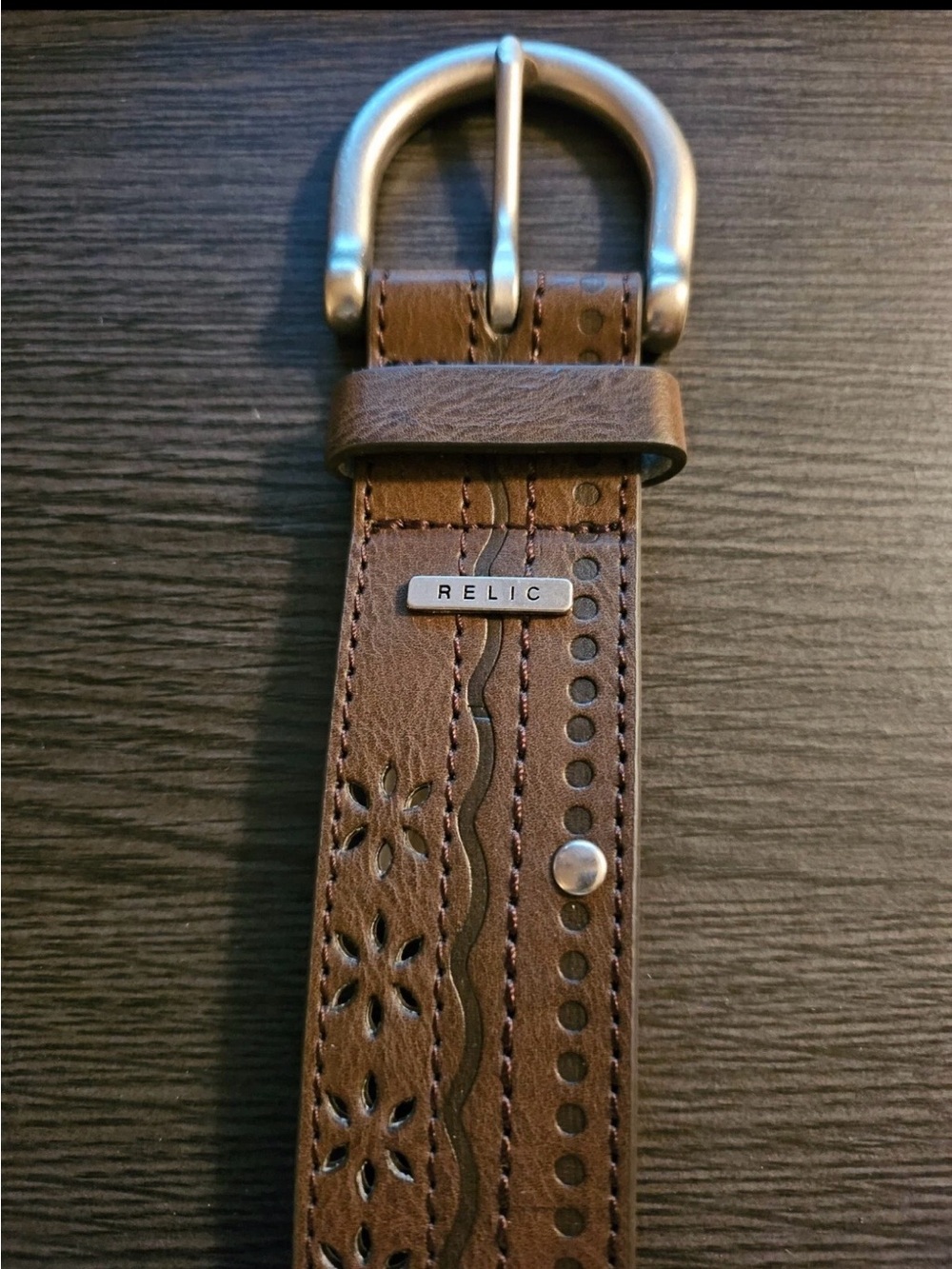 Relic Brown Floral Cutout Leather Belt with Silver Buckle